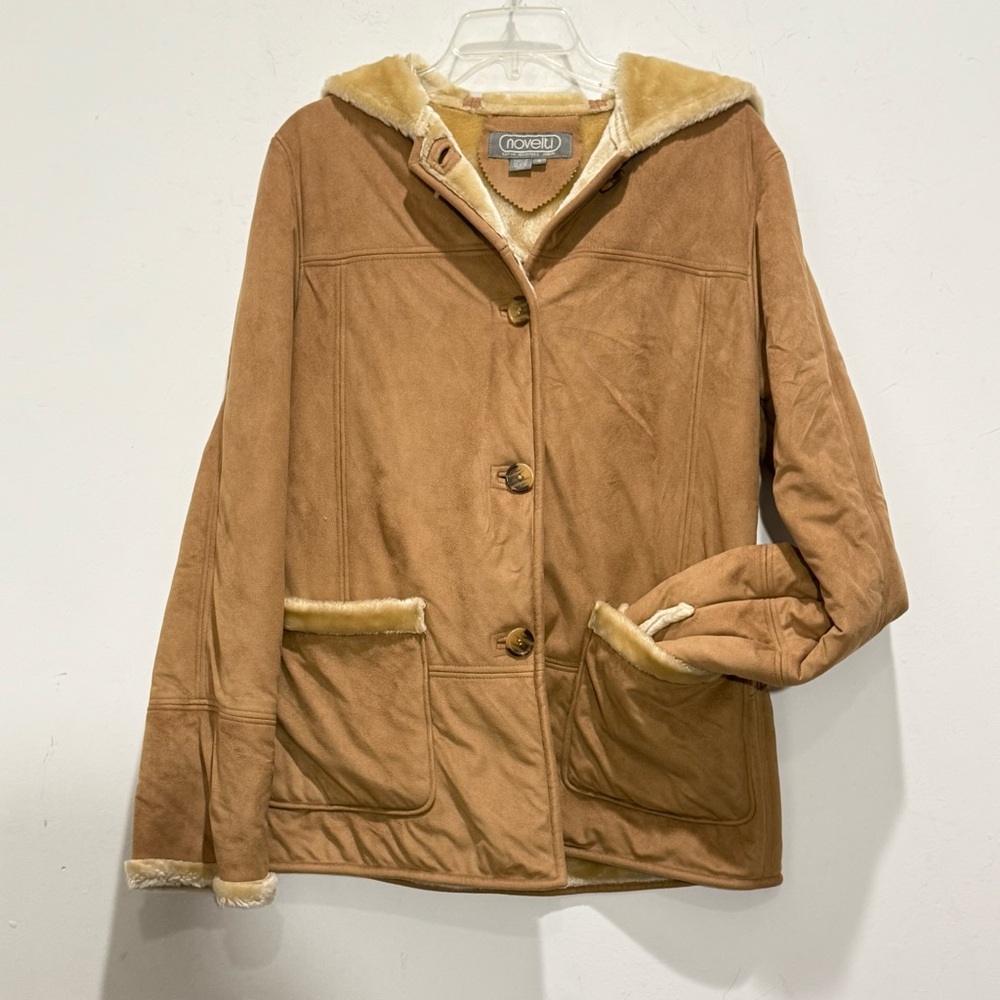 Novelti Tan Suede Fur Lined Hooded 4 Button Down Closure Jacket Coat Size S NWT - Picture 2 of 8